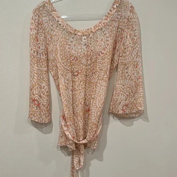 Diane Von Furstenberg Carleen Peach Silk Boho Print Shirt Size 8 Tie Waist - Picture 6 of 7